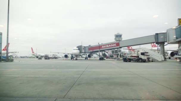 滑走路の近くで荷物を移動する航空機や車と忙しい空港ターマック — ストック動画