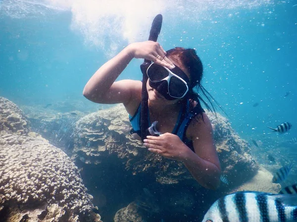 青い海でシュノーケ リングの女性 シュノーケルは フルフェイスのマスクで親指を示しています 夏の活動 海の水の美しい少女 海洋風景の水中写真 海辺のアドベンチャー 熱帯の海でのウォーター スポーツ — ストック写真