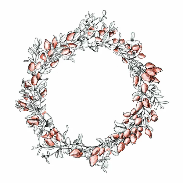 Illustration of a simple wreath with rose hips and eucalyptus