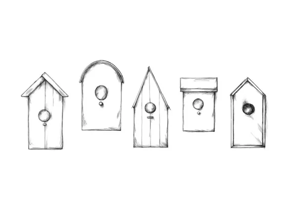 Illustration of Several birdhouses, nesting boxes on a neutral background