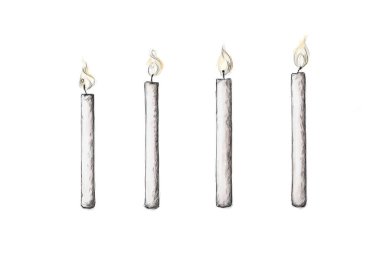 Four white burning candles on a white background