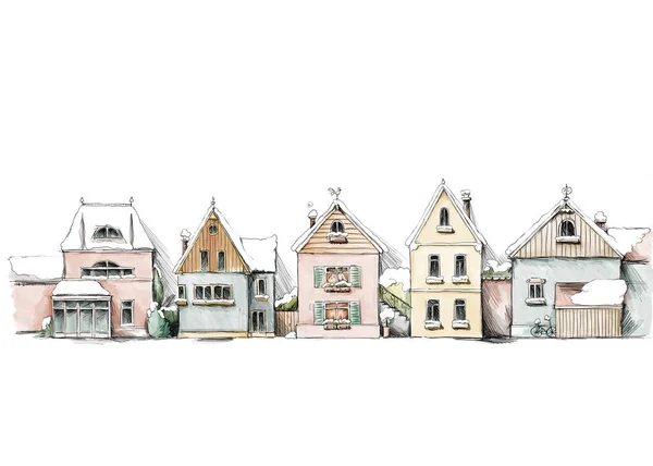 Illustration Some Townhouses Covered Snow — Stockfoto