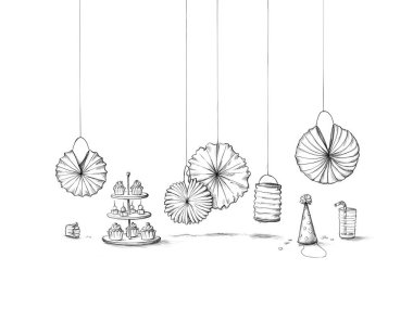 Chinese lanterns, party decorations and party accessories on a white background