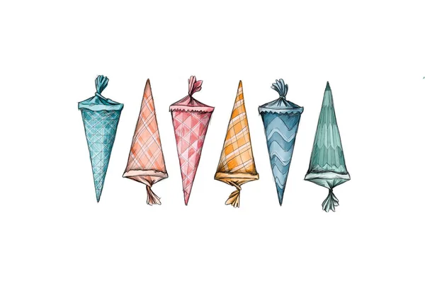 Six different school cones with a pattern on a white background