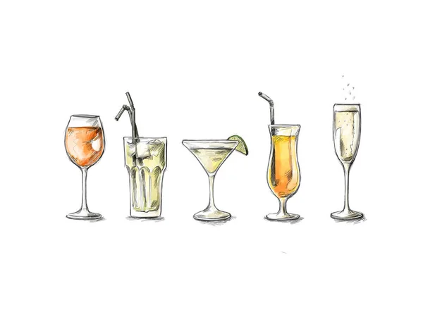 Different glasses with drinks on a white background