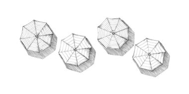 Illustration of different umbrellas from above with drop shadows on a white background