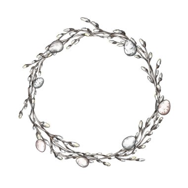 Illustration of a simple willow wreath with pussy willow and eggs