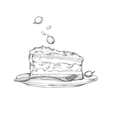 Illustration of a piece of cake with gooseberries and almonds on a plate