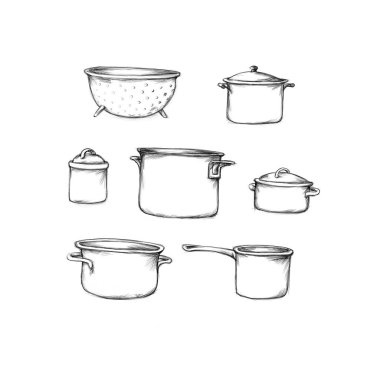 Illustration of different saucepans on a white background