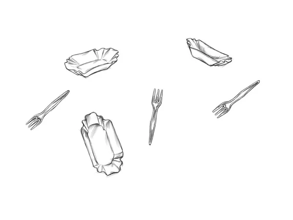 Illustration Cardboard Cases Plastic Forks Fast Food White Background — Stockfoto