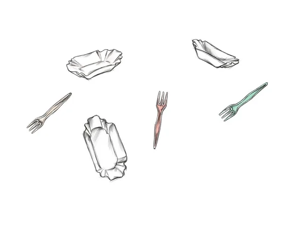 Fast food için karton kutular ve plastik çatallar.