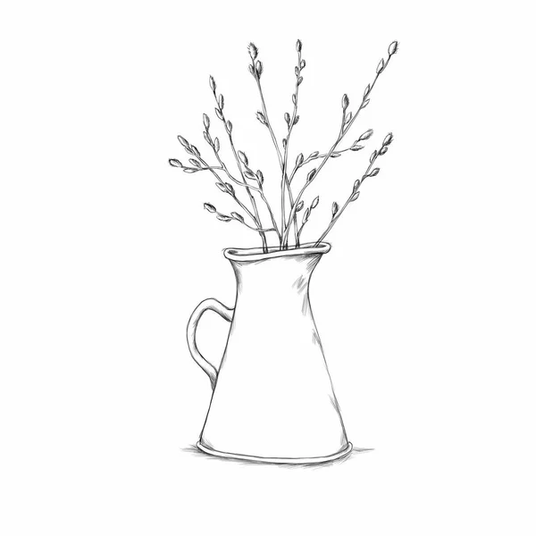 Illustration Simple Jug Twigs Pussy Willows — Fotografia de Stock