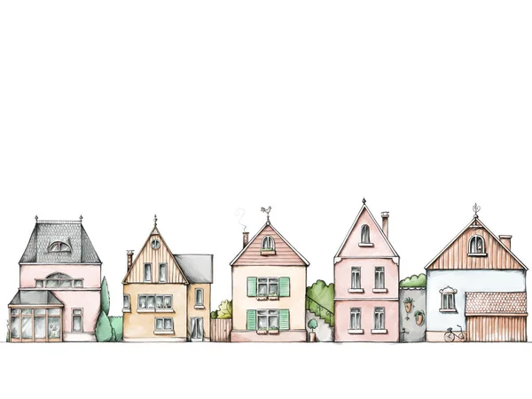 Illustratie Van Een Mooie Verschillende Rijtjeshuizen Een Witte Achtergrond — Stockfoto