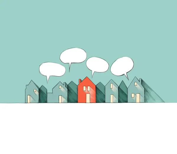 Illustration Row Houses Night Red House Empty Speech Bubbles — Stock Photo, Image
