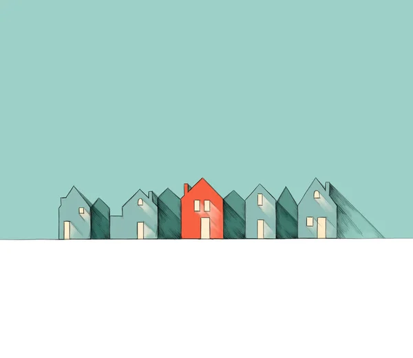 Illustration Row Houses Night Red House — Stock Photo, Image