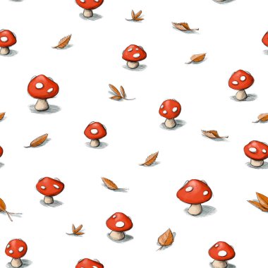 Illustration of a Pattern with toadstools and autumn leaves