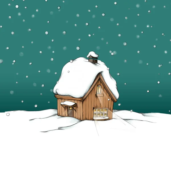 Pokryta Śniegiem Oświetlona Drewniana Chata Śniegu Nocy — Zdjęcie stockowe