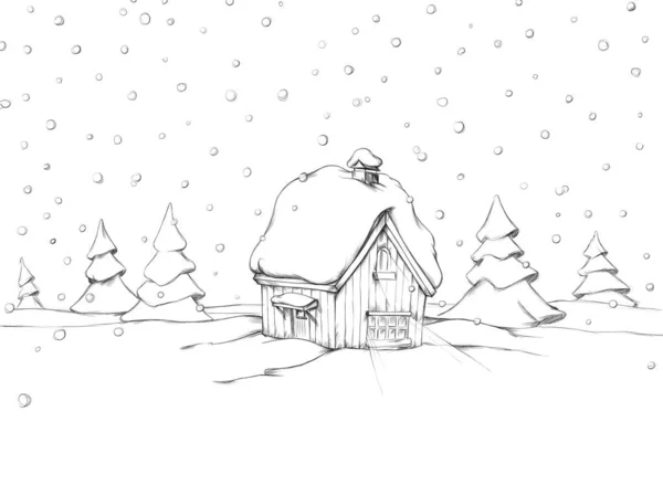 Ilustracja Drewnianej Chaty Pokrytej Śniegiem Śniegu — Zdjęcie stockowe