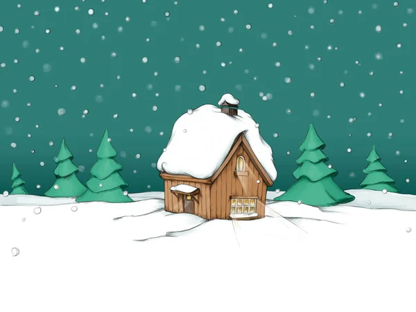 Snow Covered Illuminated Wooden Hut Snow Night —  Fotos de Stock