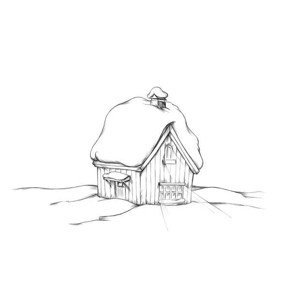 Illustration of a snow covered, illuminated wooden hut in the snow