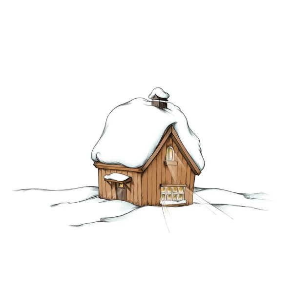 Illustration of a snow covered, illuminated wooden hut in the snow