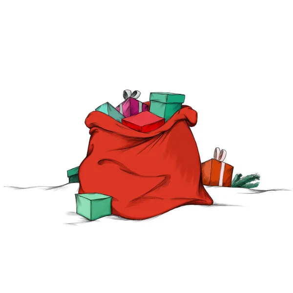 İçinde Noel Baba 'dan gelen paketler olan kırmızı bir hediye çantası.