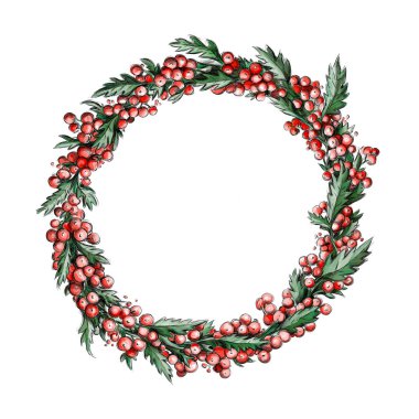 Illustration of a Christmas wreath made of berries and leaves