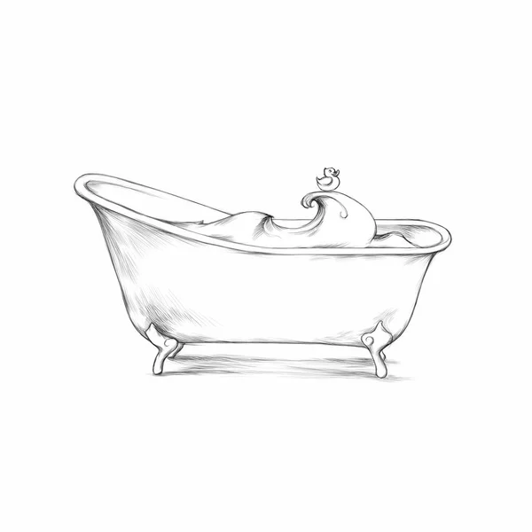 带有水和橡胶鸭的复古浴缸的说明 — 图库照片