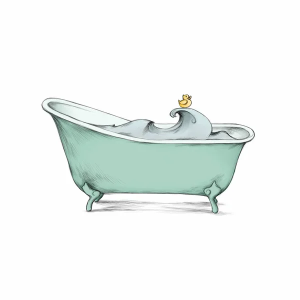 带有浴鸭和水的复古浴缸的说明 — 图库照片