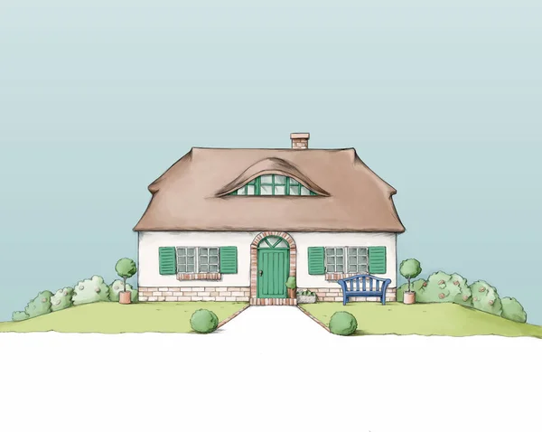 Ilustrace Krásného Fríského Domu Doškovou Střechou — Stock fotografie