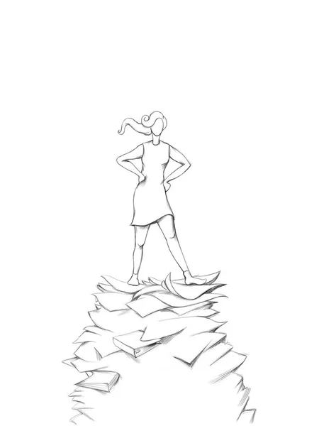 Illustration Einer Resoluten Frau Die Auf Einem Papierstapel Steht — Stockfoto