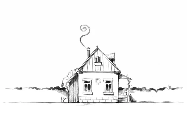 Handgemachte Illustration Eines Romantischen Hauses Mit Hecke Auf Weißem Hintergrund — Stockfoto