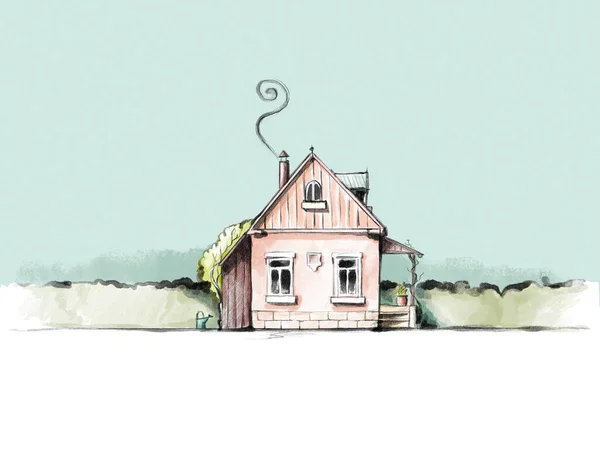 Illustratie Van Een Romantisch Huisje Met Een Heg — Stockfoto
