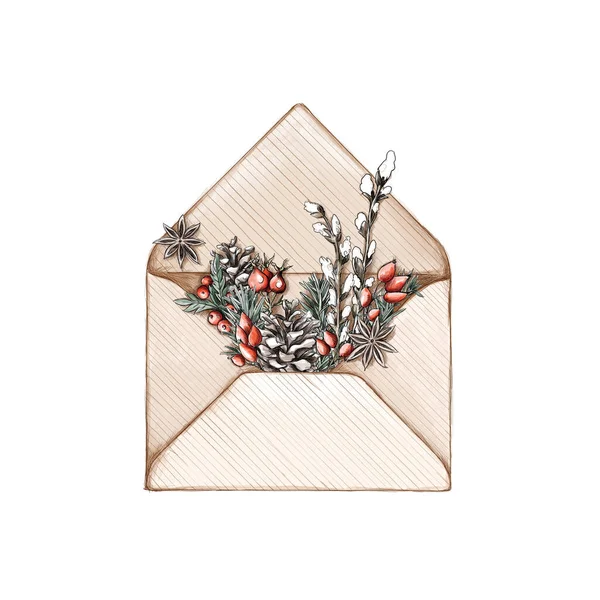 Illustration Une Enveloppe Ouverte Avec Des Décorations Noël Matériaux Naturels Image En Vente