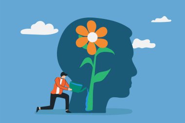 Elinde çiçek tutan birinin vektör çizimi. Düşünce özgürlüğü ve zihin mutluluğu kavramında