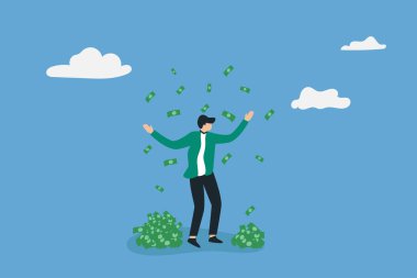 Para kazanmada ani zenginlik ve başarı, bir adamın resmedilmesi ve para yağmuru