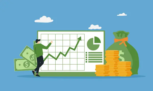 İş adamı bilgi grafiği gösteriyor. Finansal rapor kavramı. düz resimleme