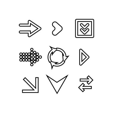 Simgeleri ayarla. Ok simgesi. Ok vektör koleksiyonu. Ok at. İmleç. Modern basit oklar. Vektör illüstrasyonu