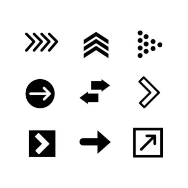 Simgeleri ayarla. Ok simgesi. Ok vektör koleksiyonu. Ok at. İmleç. Modern basit oklar. Vektör illüstrasyonu