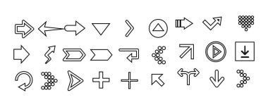 Simgeleri ayarla. Ok simgesi. Ok vektör koleksiyonu. Ok at. İmleç. Modern basit oklar. Vektör illüstrasyonu