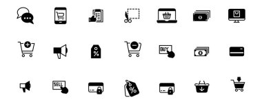 Basit simgelerin vektör kümesi. Alışveriş, sepet, çanta, kağıt, etiket gibi. E- ticaret için uygun çevrimiçi mağaza web sitesi ve beyaz arkaplanda uygulama simgesi