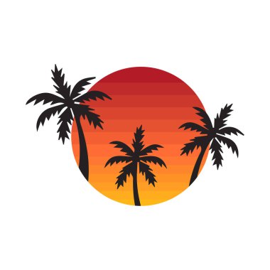 Gün batımları, plaj ve palmiye ağaçları. 80 'ler ve 90' lar stili. Güneşli bir eğimle soyut bir arkaplan. Palmiye ağaçlarının siluetleri. Logo ve rozetler için vektör tasarım şablonu. İzole edilmiş beyaz arkaplan.