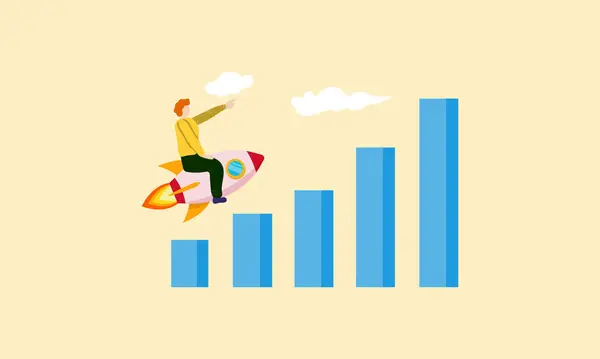 Finansal rapor grafiği uçan roketten üstel ok ile. vektör illüstrasyonu