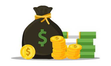 Para çantası düz çizim. Dolar ve altın para yığını. Zenginlik ve bankacılık ikonu, finans. Beyazda izole edilmiş