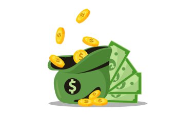 Para çantası düz çizim. Dolar ve altın para yığını. Zenginlik ve bankacılık ikonu, finans. Beyazda izole edilmiş