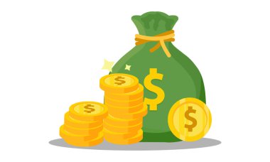 Para çantası düz çizim. Dolar ve altın para yığını. Zenginlik ve bankacılık ikonu, finans. Beyazda izole edilmiş