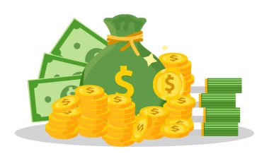 Para çantası düz çizim. Dolar ve altın para yığını. Zenginlik ve bankacılık ikonu, finans. Beyazda izole edilmiş