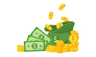 Para çantası düz çizim. Dolar ve altın para yığını. Zenginlik ve bankacılık ikonu, finans. Beyazda izole edilmiş