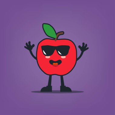 Mutlu bir ifadesi ve mutlu bir yüzü olan kırmızı bir elmanın sevimli çizgi film karakteri. düz tasarım biçimi.