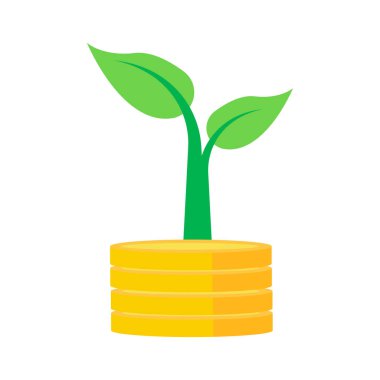 Altın paralarla dolu bir saksıda bitki yetiştirmek. düz biçim.